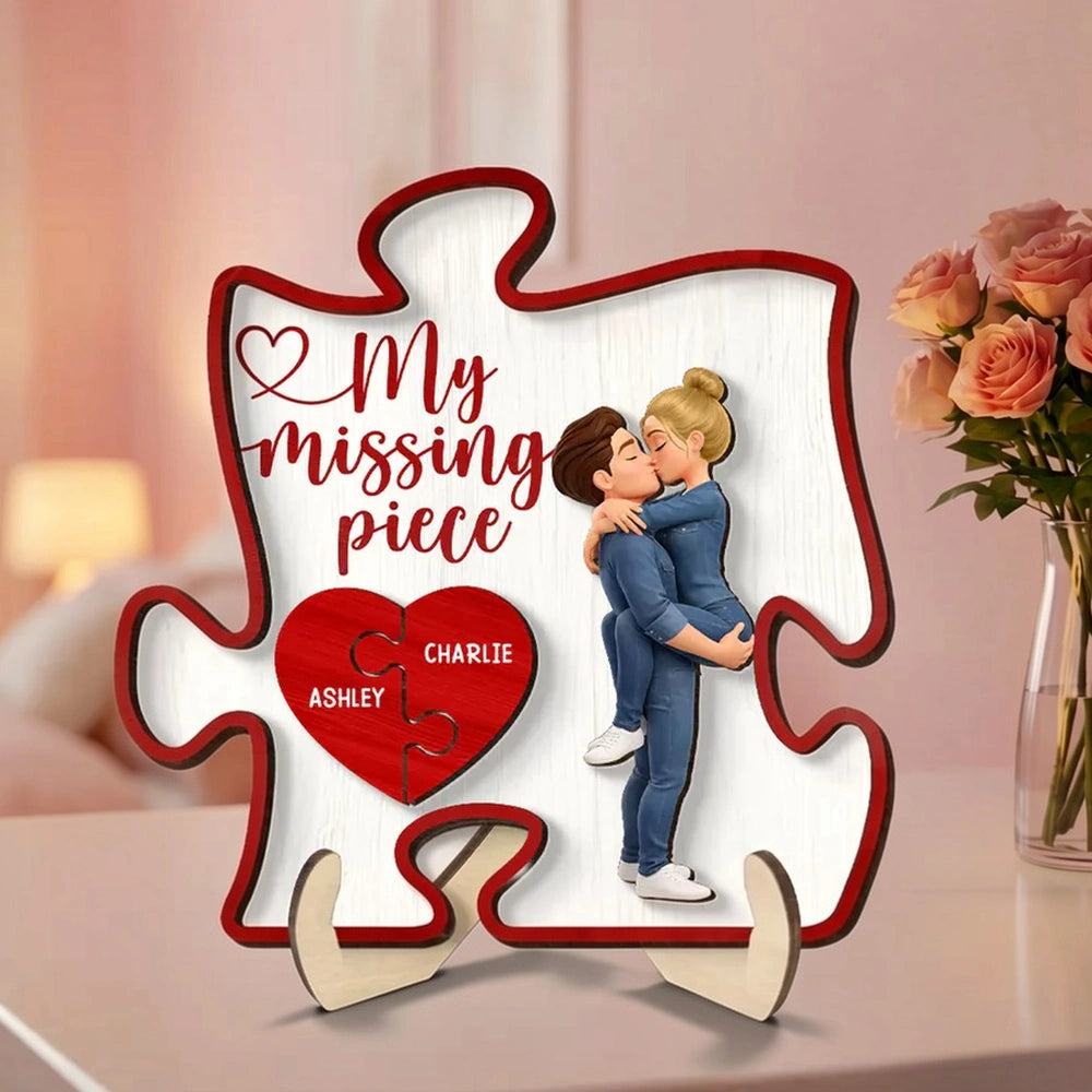 2-Layer Wooden Plaque My Missing Piece with Kissing Couple and Heart Puzzle - Personalized Sweet Gift for Couples