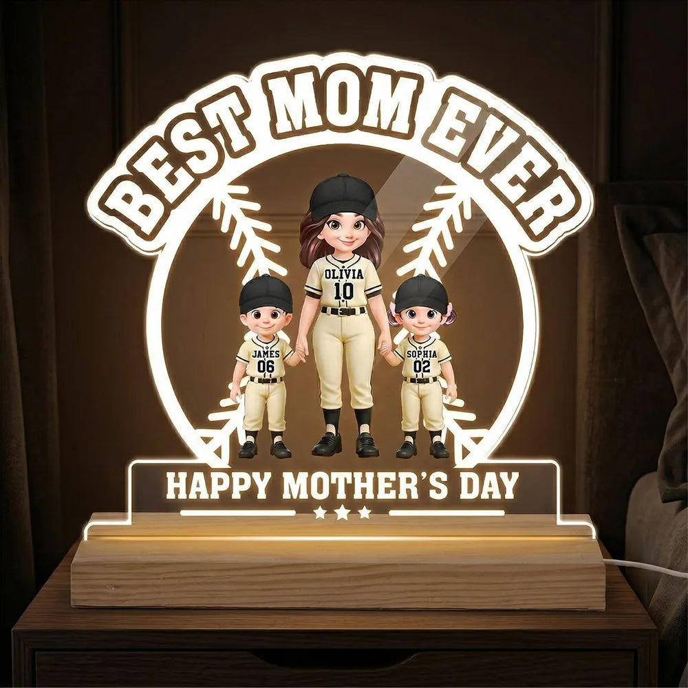 Block LED Light Plaque with Warm Glow, Custom Mom and Kids Baseball Scene, Sweet Bedside Gift for Mom