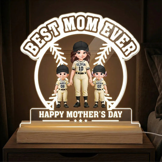 Block LED Light Plaque with Warm Glow, Custom Mom and Kids Baseball Scene, Sweet Bedside Gift for Mom