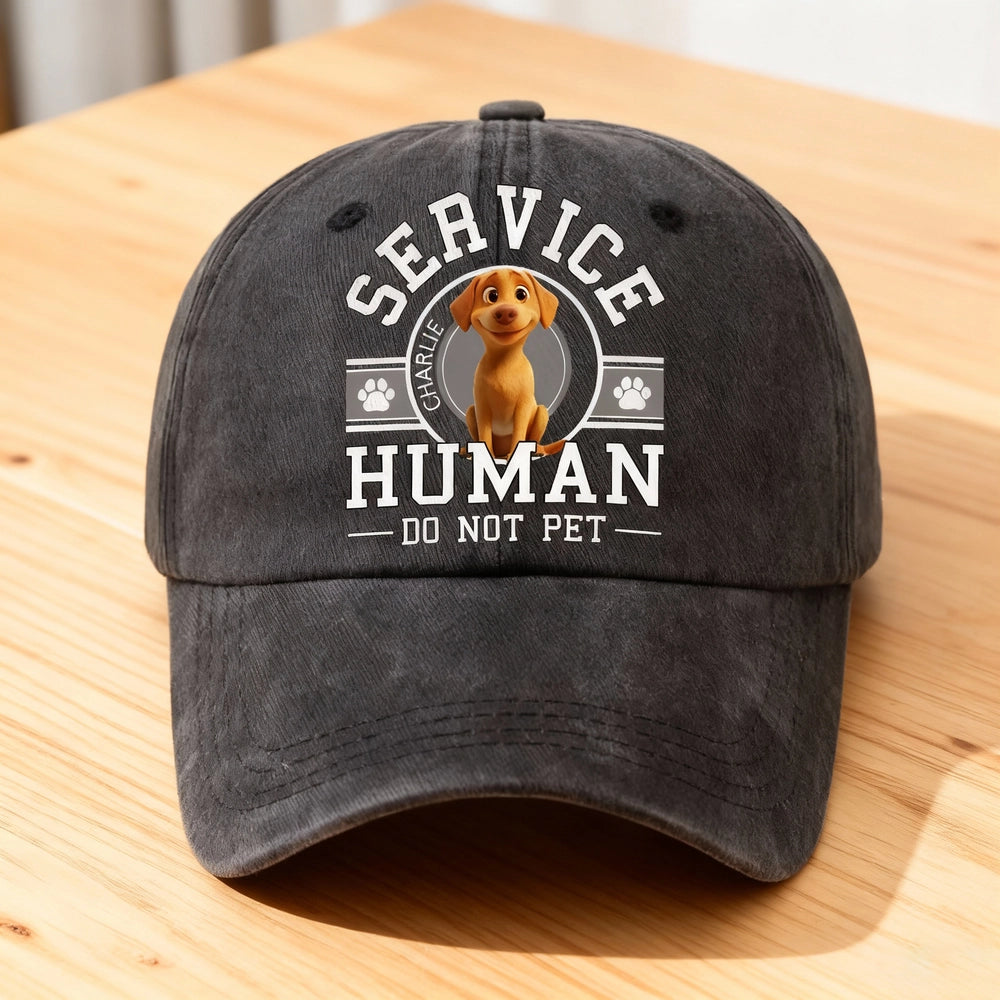 Baseball Cap with “Service Human” dog graphic – washed-look, comfy adjustable fit, everyday shade and style, a playful gift for dog owners and pet lovers