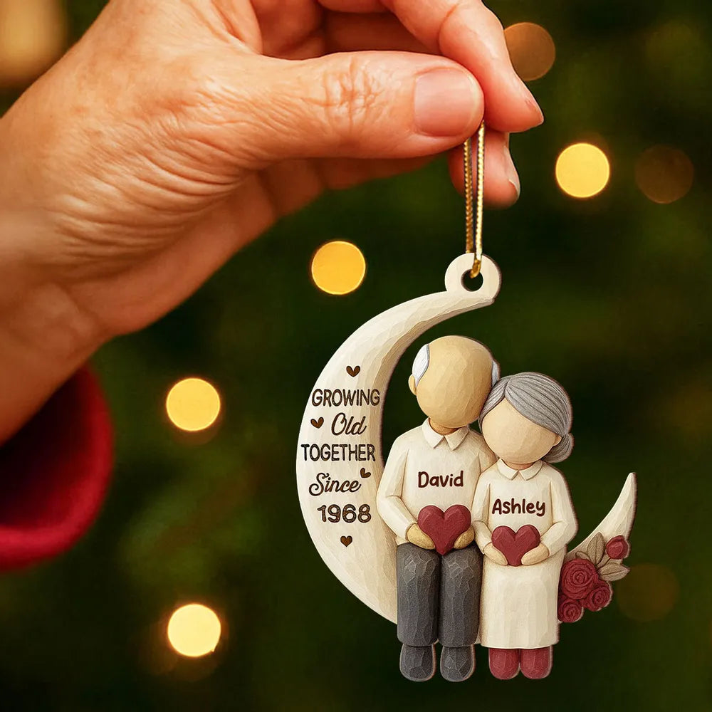 Wooden Ornament - I Love You to the Moon, Carved Couple Design, Unique Christmas Gift for Couples or Grandparents