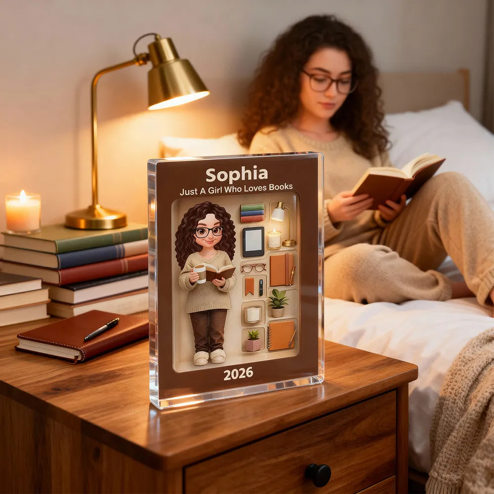 Personalized Rectangle Acrylic Block Plaque Book Lover Character Desk Decor, Cozy Reading Nook Style, Unique Gift for Readers