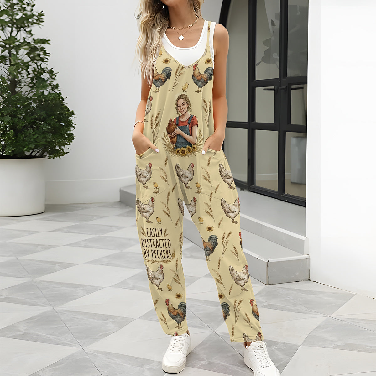 Easily Distracted By Peckers, Farmers Gift - Personalized Chicken Loose-Fit Overalls/ Rompers