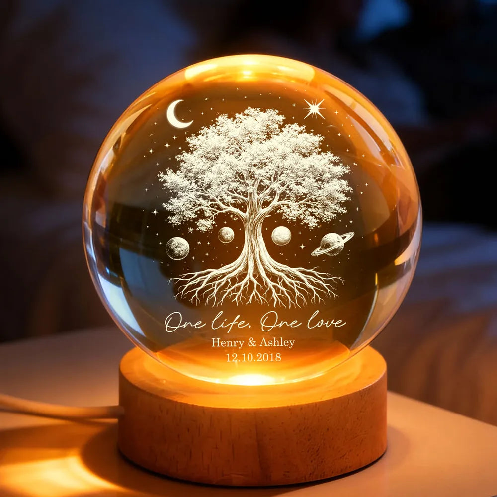 Personalized Globe Lamp with Tree of Life & Starry Night Design, Cozy Bedside Decor, Unique Gift for Couples