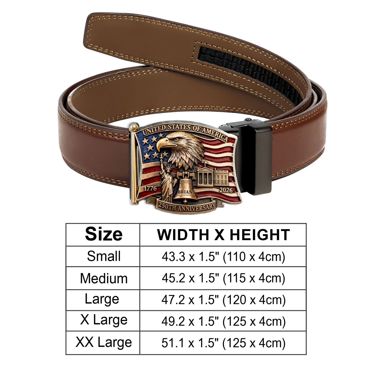 250th Anniversary Of United States - Personalized Patriot Leather Belt With Shaped Buckle