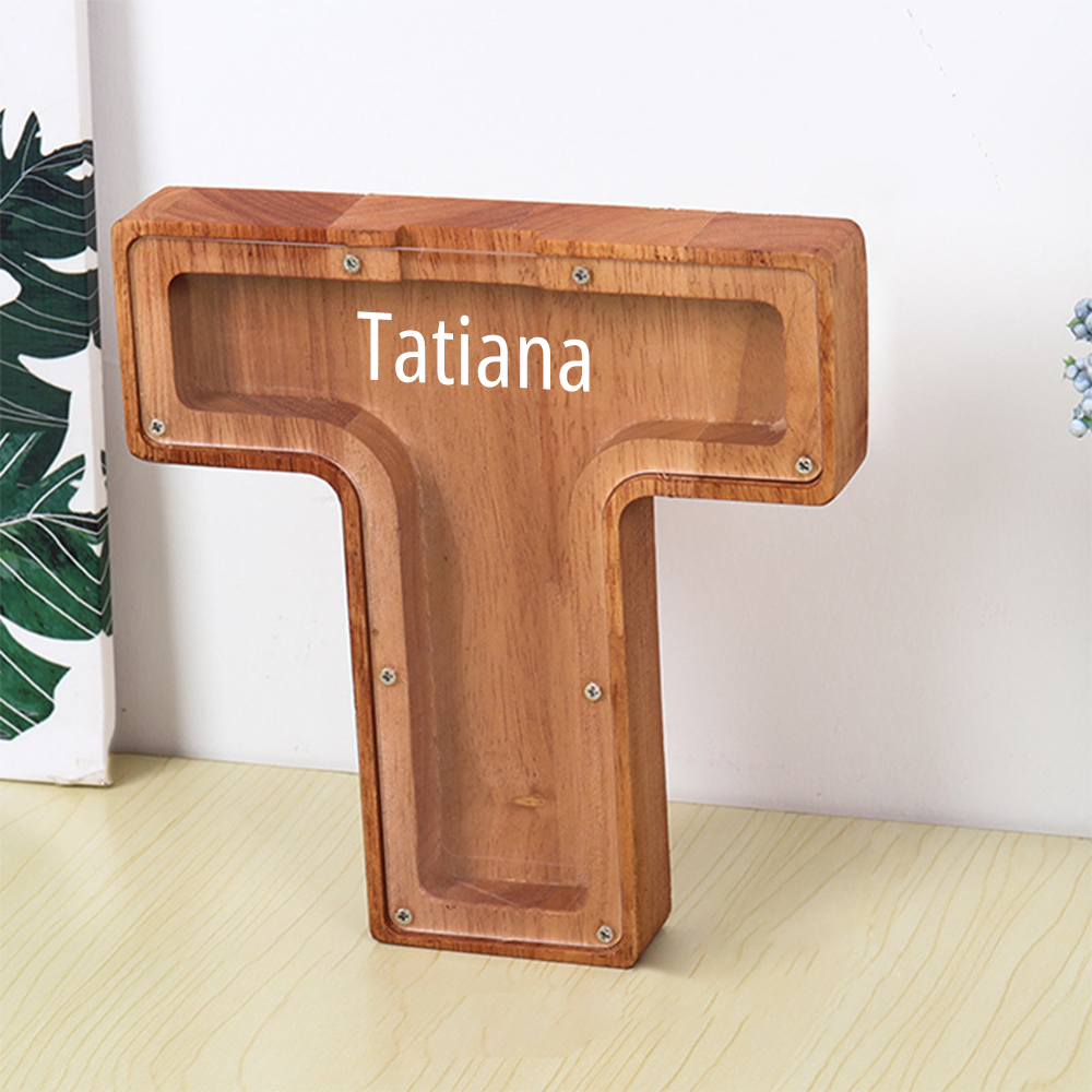Custom Initial And Name - Personalized Letter And Name Brown Wooden Piggy Bank