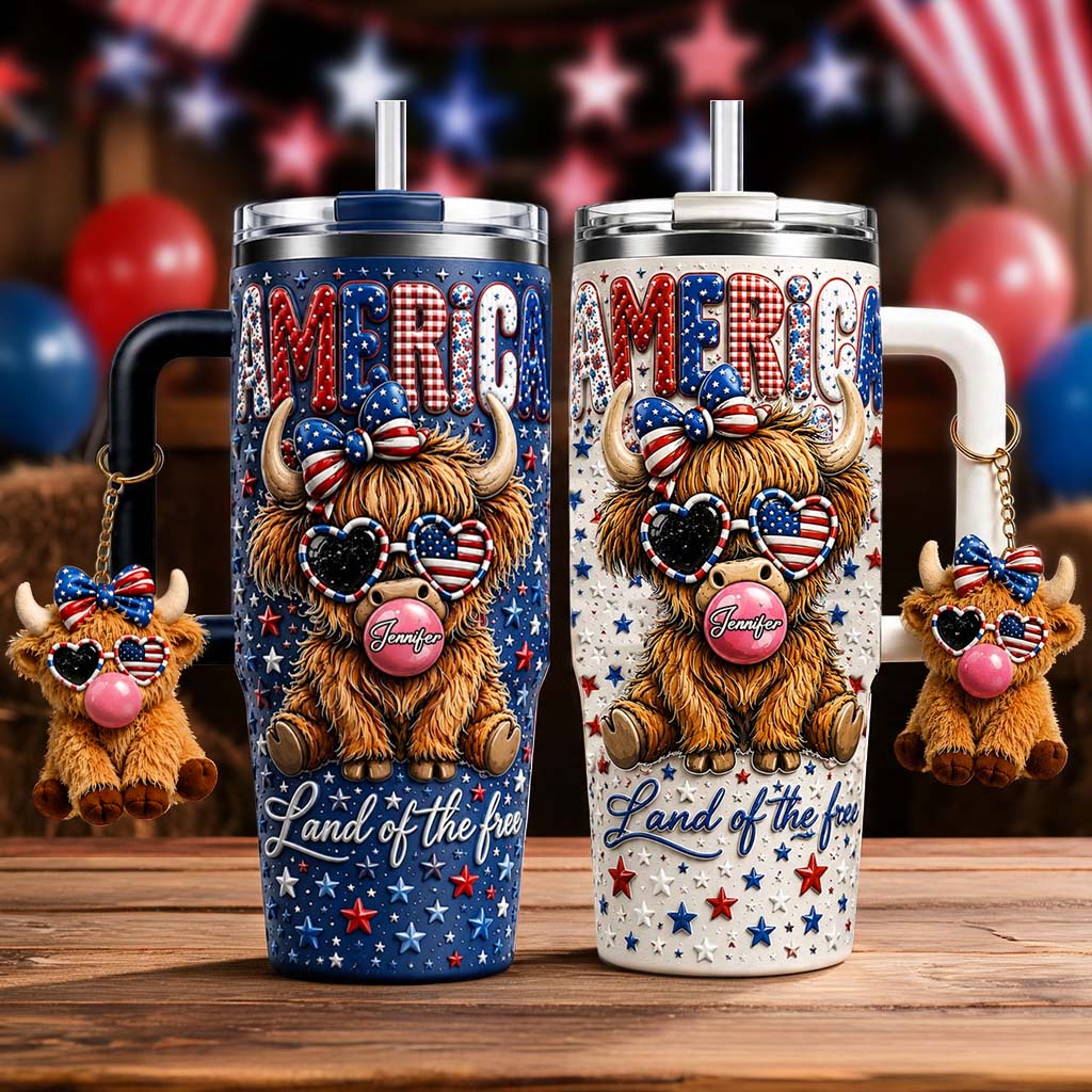Land Of The Free - Personalized Highland Cow Tumbler With Plush Charm