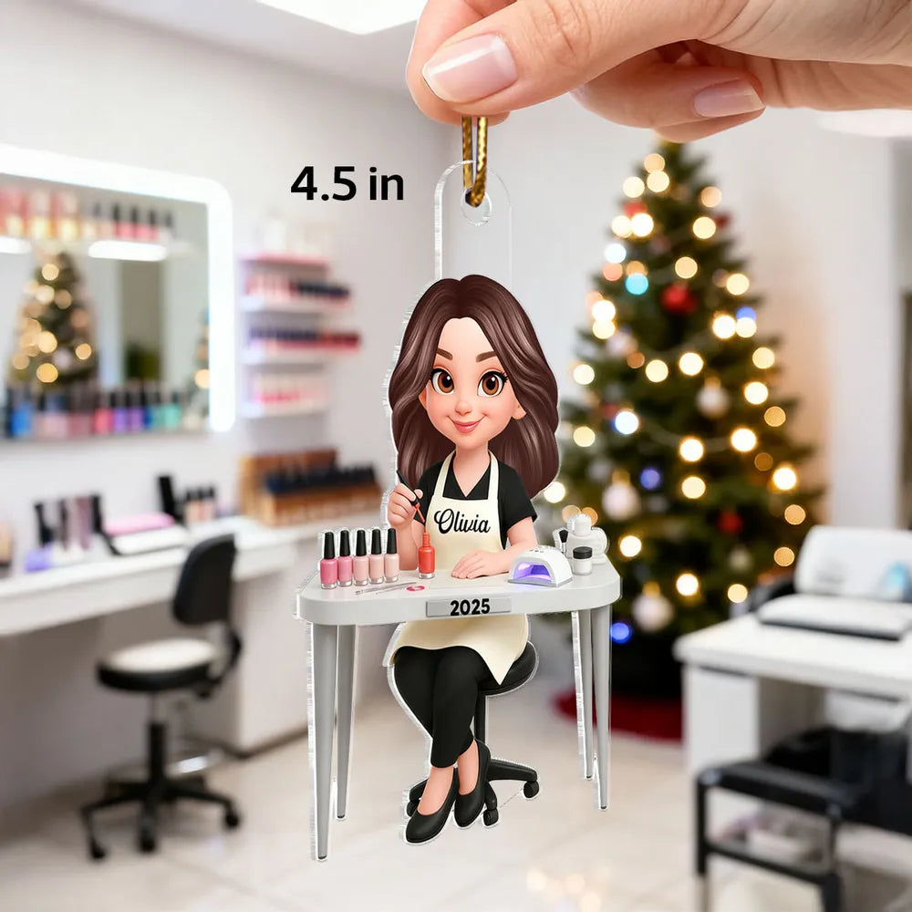 Personalized Acrylic Nail Tech Ornament, Cute Manicurist Desk Scene Keepsake Gift for Beauty Lovers