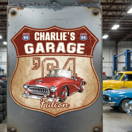My Garage My Car Personalized Shaped Metal Sign, Vintage Route 66 Style With Classic Convertible, Unique Gift for Dad
