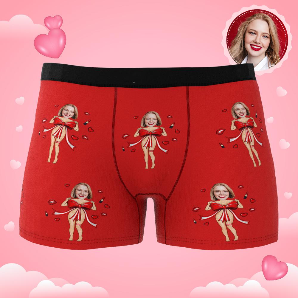 Custom Photo Boxer Red Bow AR View - Personalized Couple Men's boxer briefs