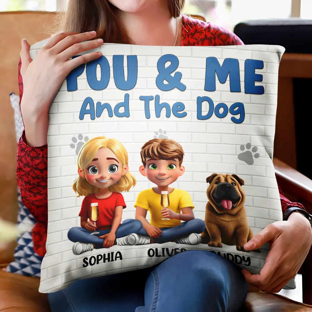 You & Me and the Dogs – Personalized Square Pillow for Families with Custom Pet and People Characters, Perfect Gift for Dog Lovers