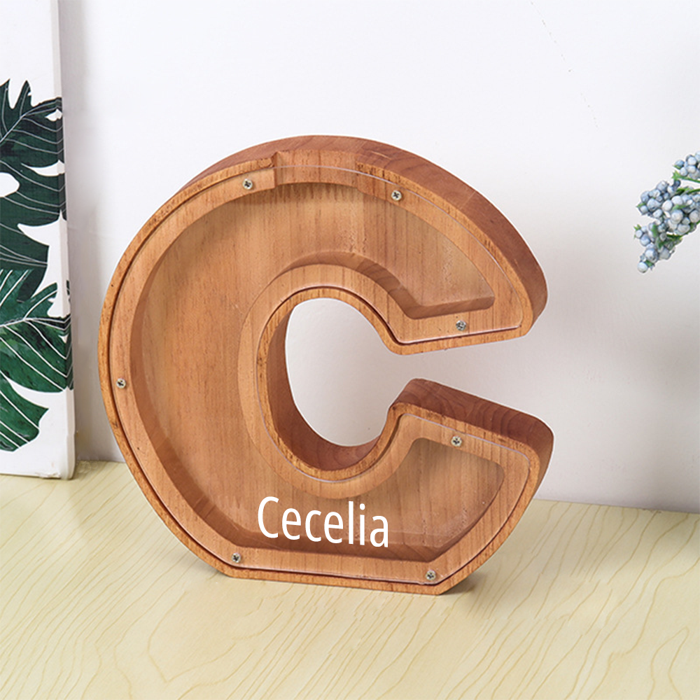 Custom Initial And Name - Personalized Letter And Name Brown Wooden Piggy Bank