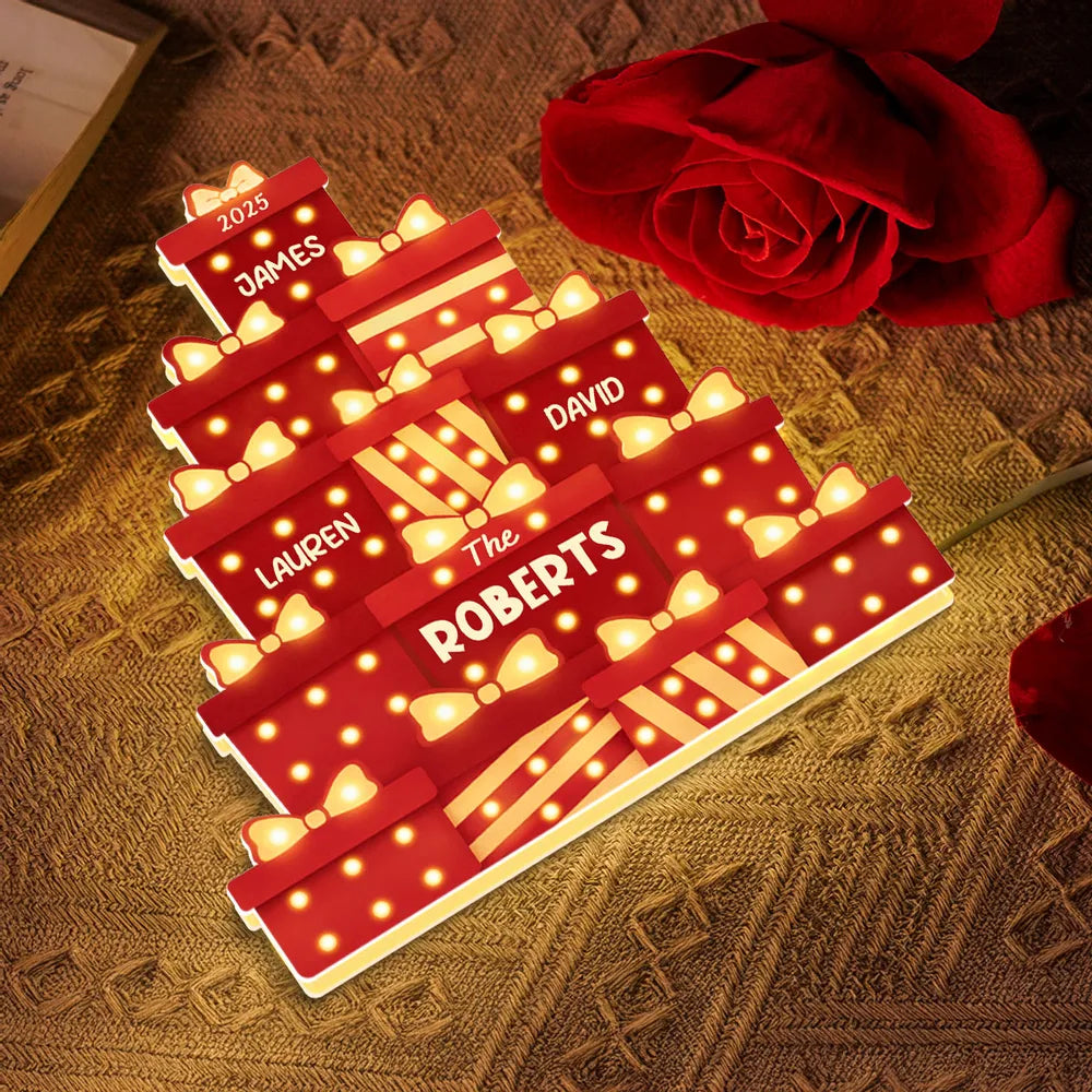 Christmas Acrylic Light Box with Marquee Gift-Box Tree, Warm Glow, Personalized, Unique Gift for Family & Friends