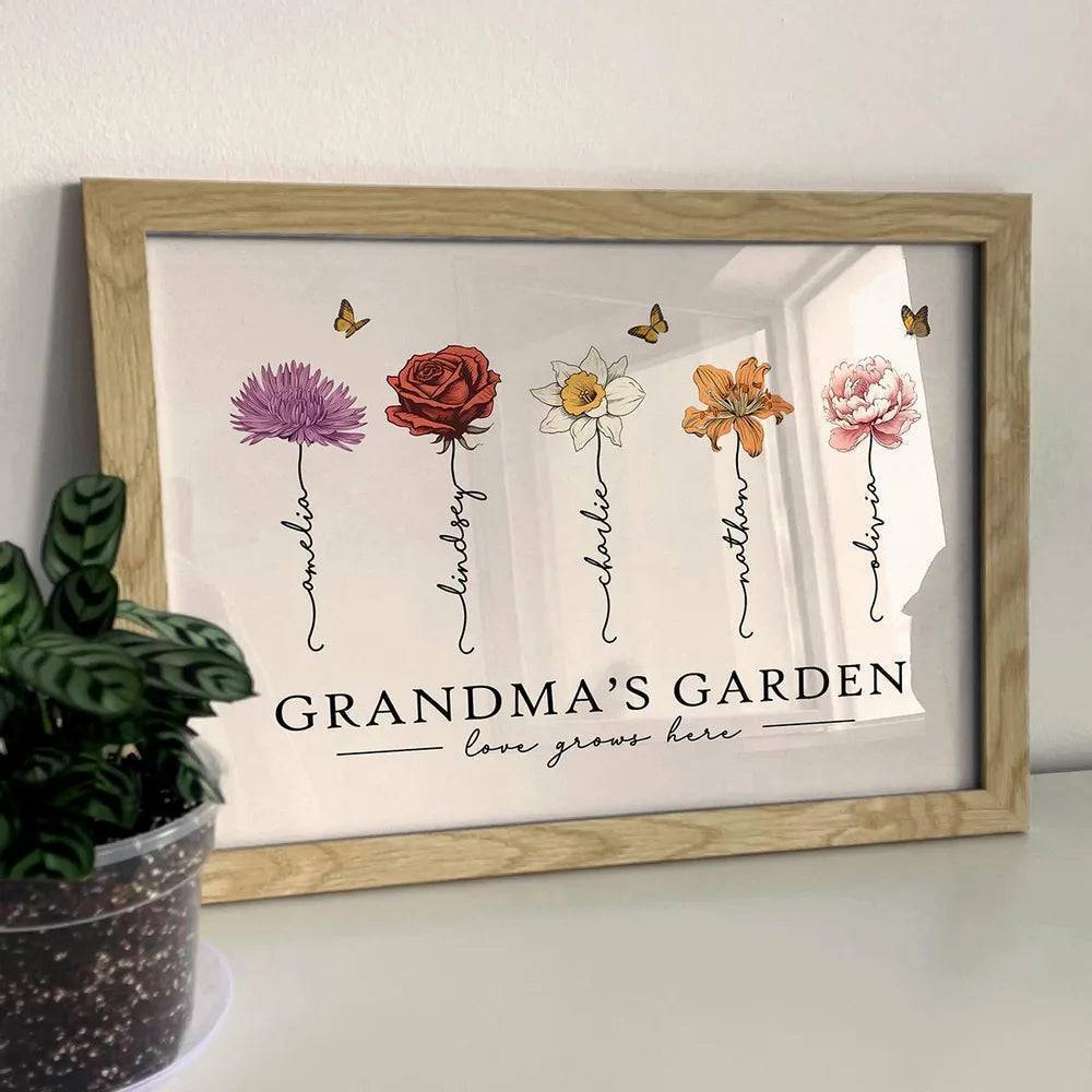 Grandma's Garden Love Grows Here Beautiful Birth Month Flower Gift For Grandma Mom Personalized Doormat or Poster or Canvas, Keychain, Plaque, Wallet Card