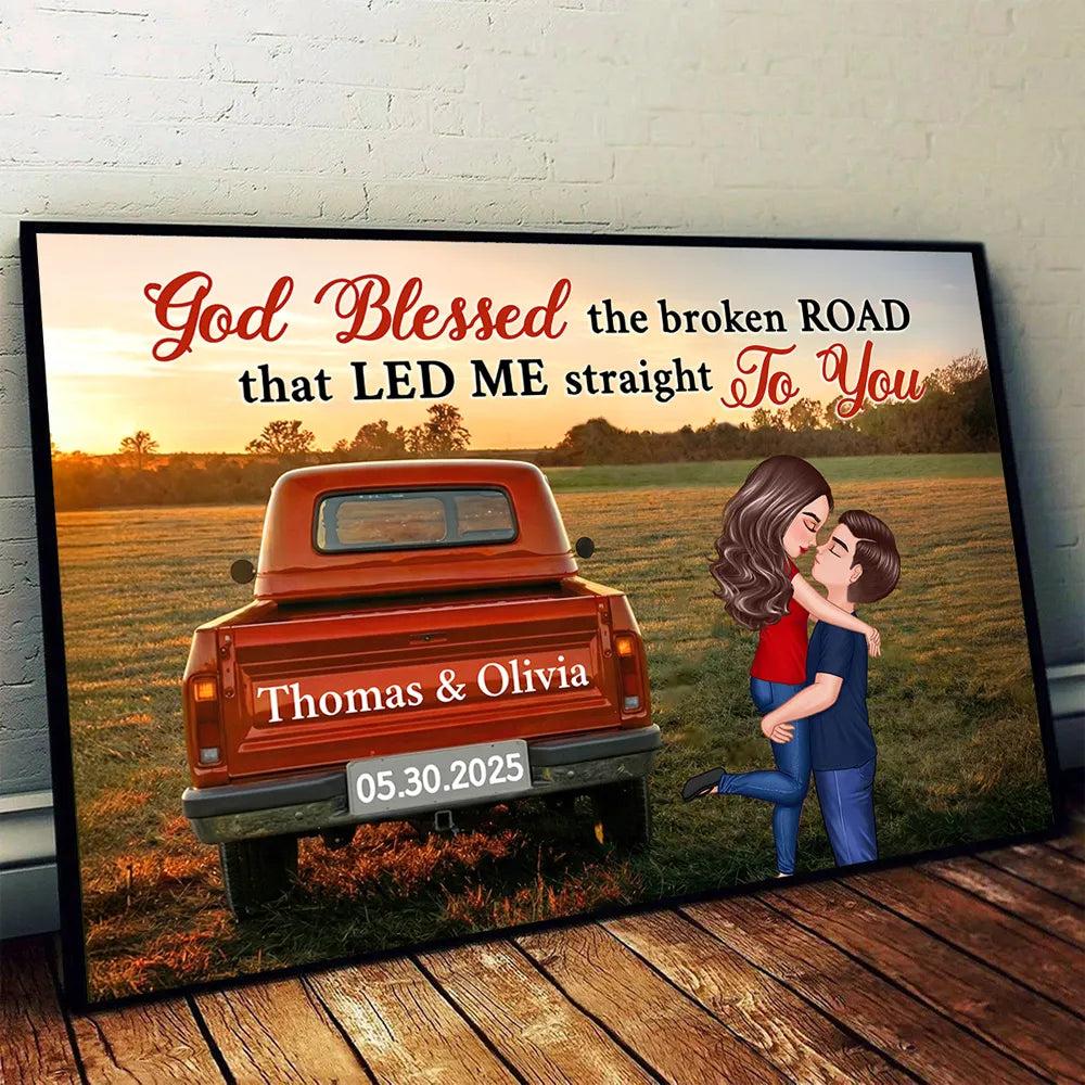 God Blessed the Broken Road Personalized Poster – Custom Hugging Couple Wall Art, Modern Home Decor and Heartfelt Gift for Him or Her