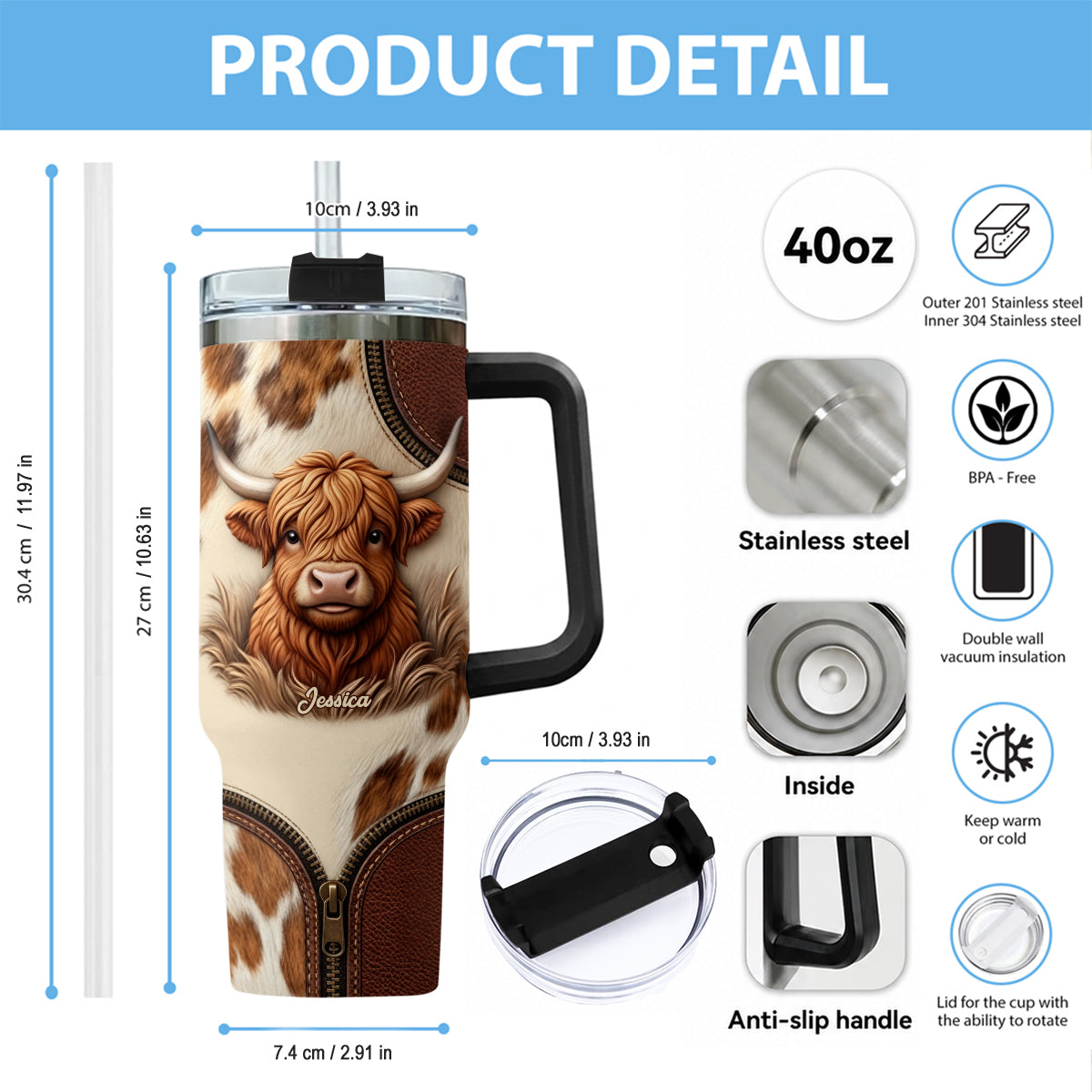 Cute Highland Cow - Personalized Highland Cow Tumbler With Plush Charm