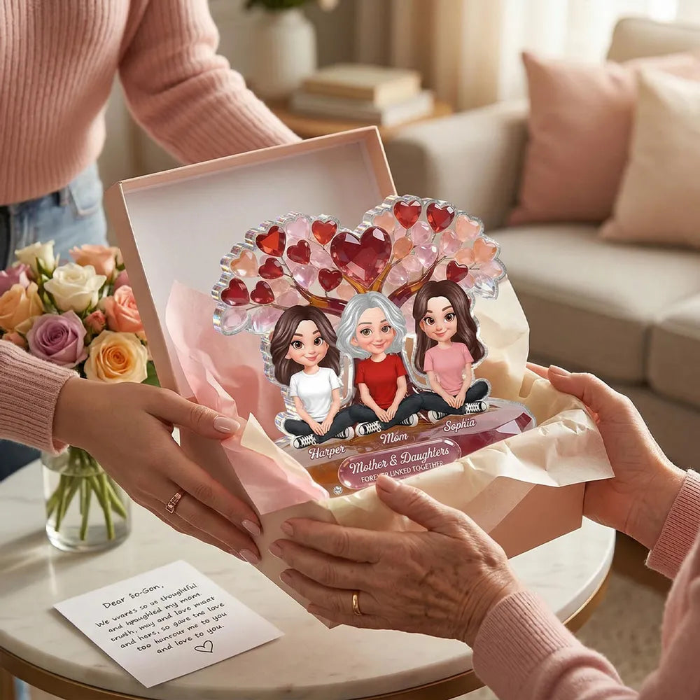 Personalized Shaped Acrylic Block Plaque Mom With Kids Under Heart Tree - Unique Mother's Day Gift, Forever Linked Decor