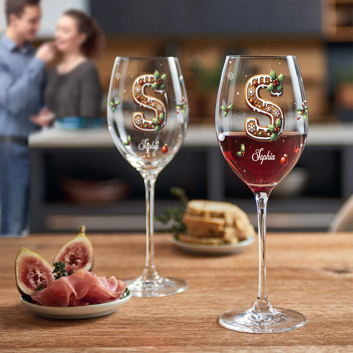 Gingerbread Letter - Personalized Family Wine Glass With Long Stem