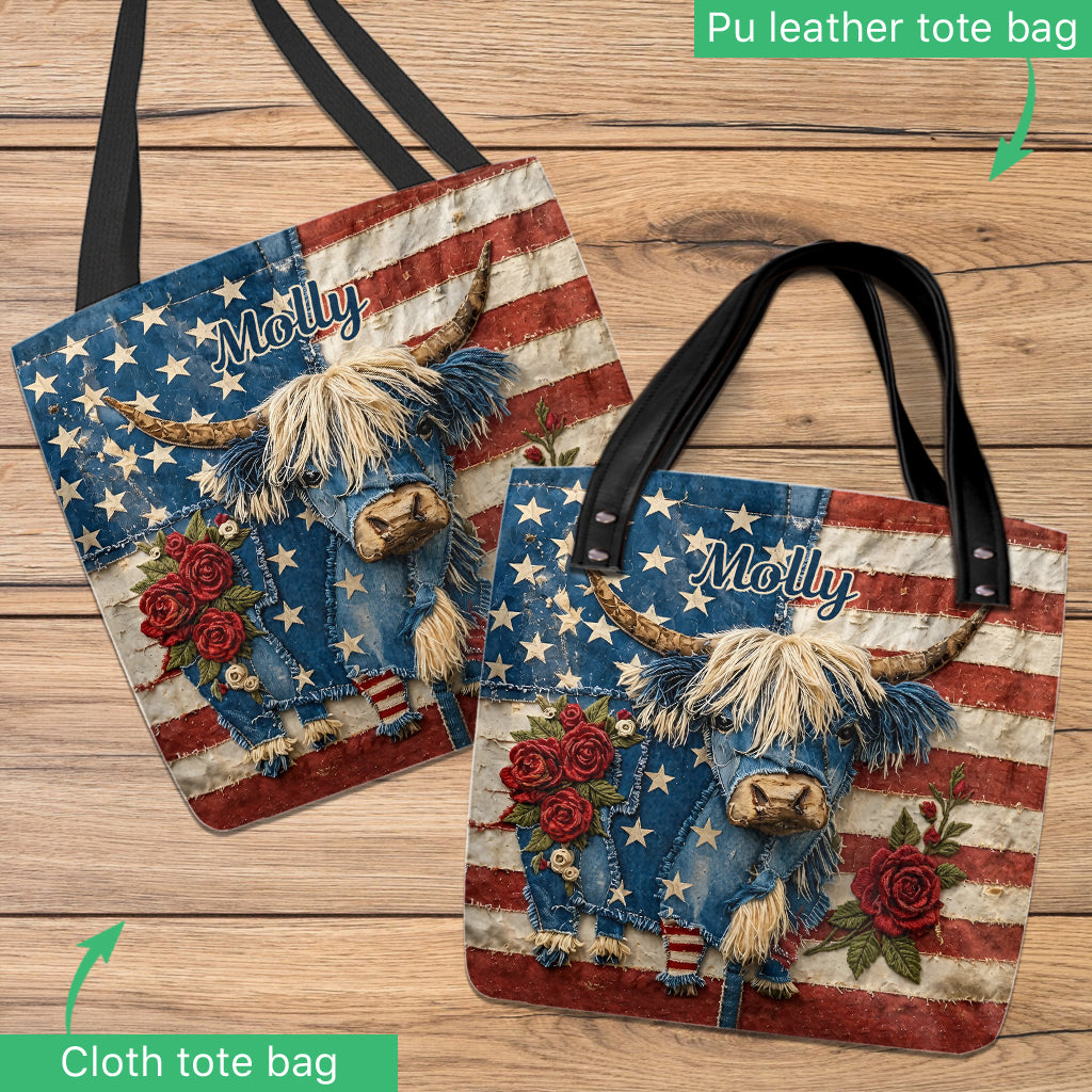 Highland Cow With Flag Pattern - Personalized Highland Cow Tote Bag