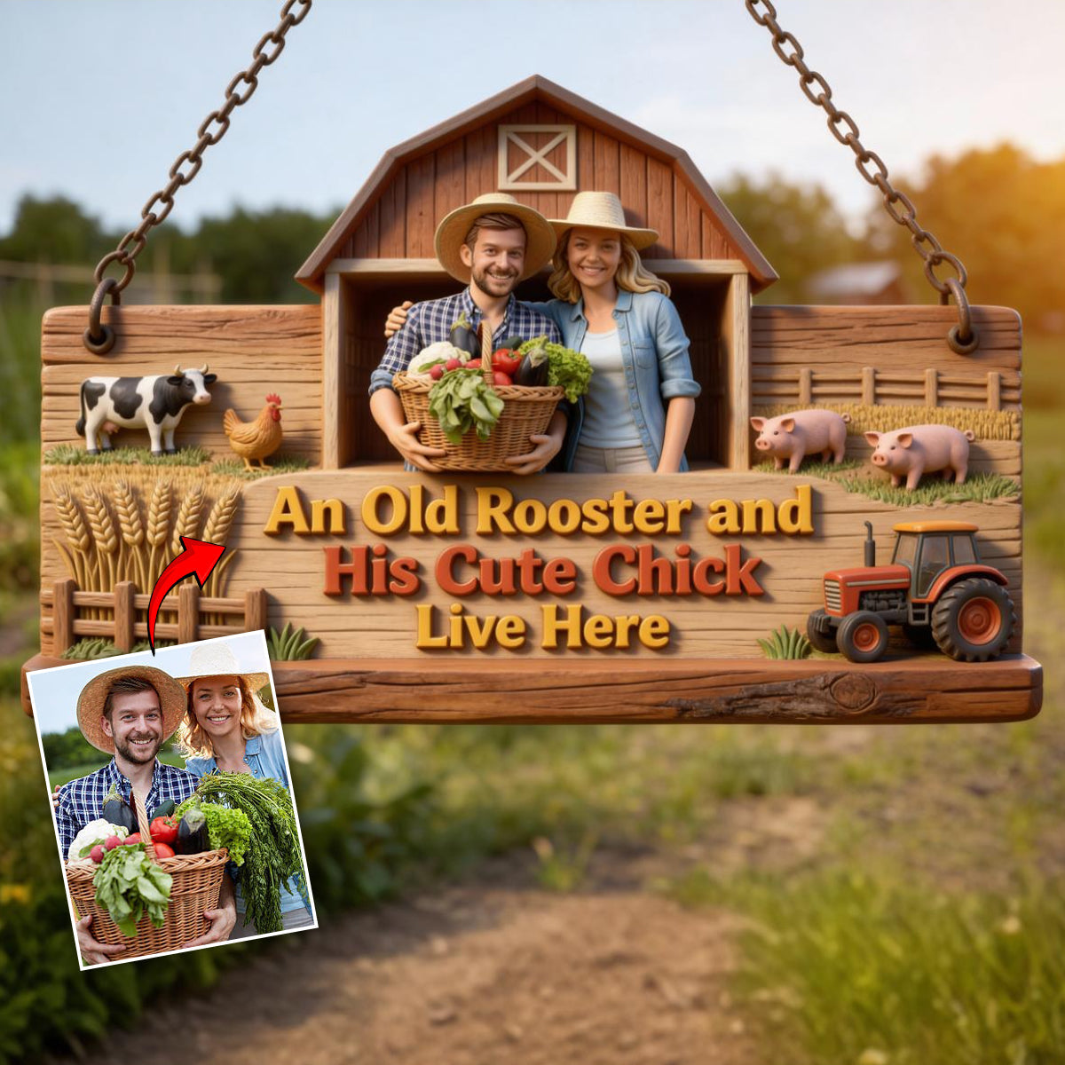 Farmer Couple, An Old Rooster And His Cute Chick Live Here - Personalized Farmer Custom Shaped Wood Sign