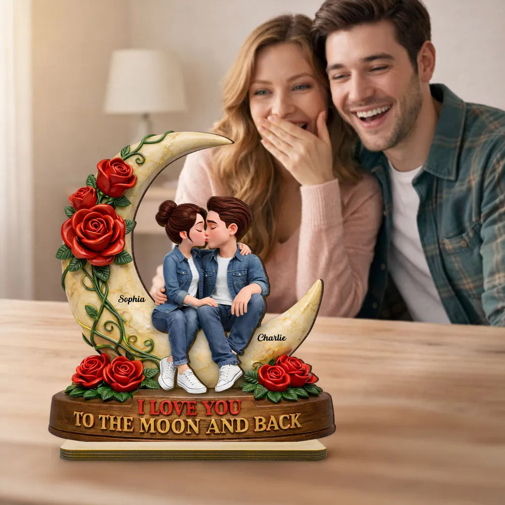 Personalized 2-Layer Wooden Plaque Kissing Couple on Crescent Moon Romantic Unique Gift for Wife or Girlfriend