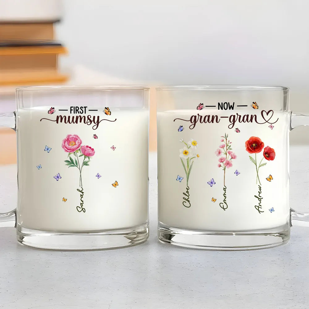 Personalized Glass Mug for Grandma, Custom Birth Flower Style Design, Sweet Daily Coffee Gift