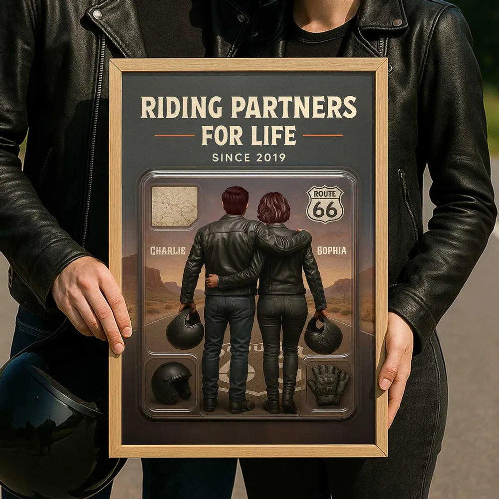 Personalized Biker Couple Poster Riding Partners For Life Route 66 Sunset Wall Art - Unique Gift For Couples