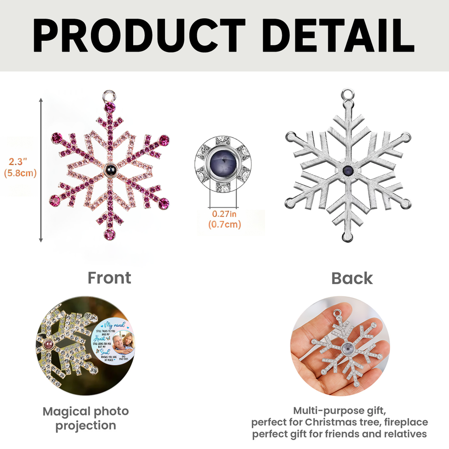 Photo Projection Ornament Crystal Snowflake, Pet Photo Keepsake with Snowy Night Scene, unique gift for pet parents