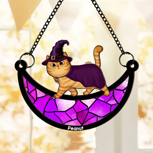 Wood and Acrylic Layered Ornament – Charming Cat with Cape & Hat, Chain-Hanging Moon Keepsake for Cat Lovers
