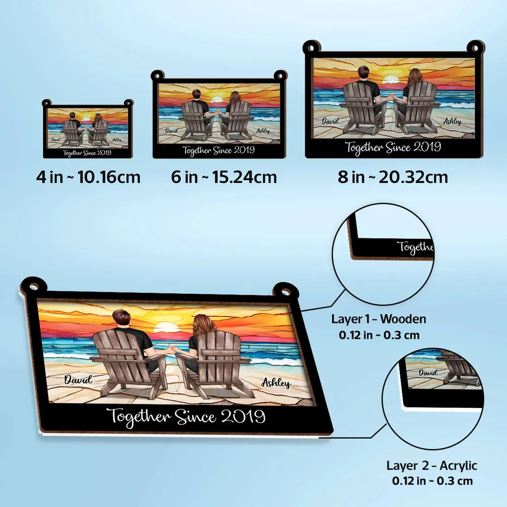 Wood and Acrylic Layered Ornament with Couple Holding Hands on Beach Chairs, Sunset Scene, Perfect Gift for Love and Home Décor