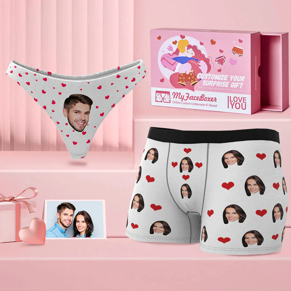Custom Face Couple Matching Set Women Panties + Men's Boxer Briefs - Personalized Couple Underwear