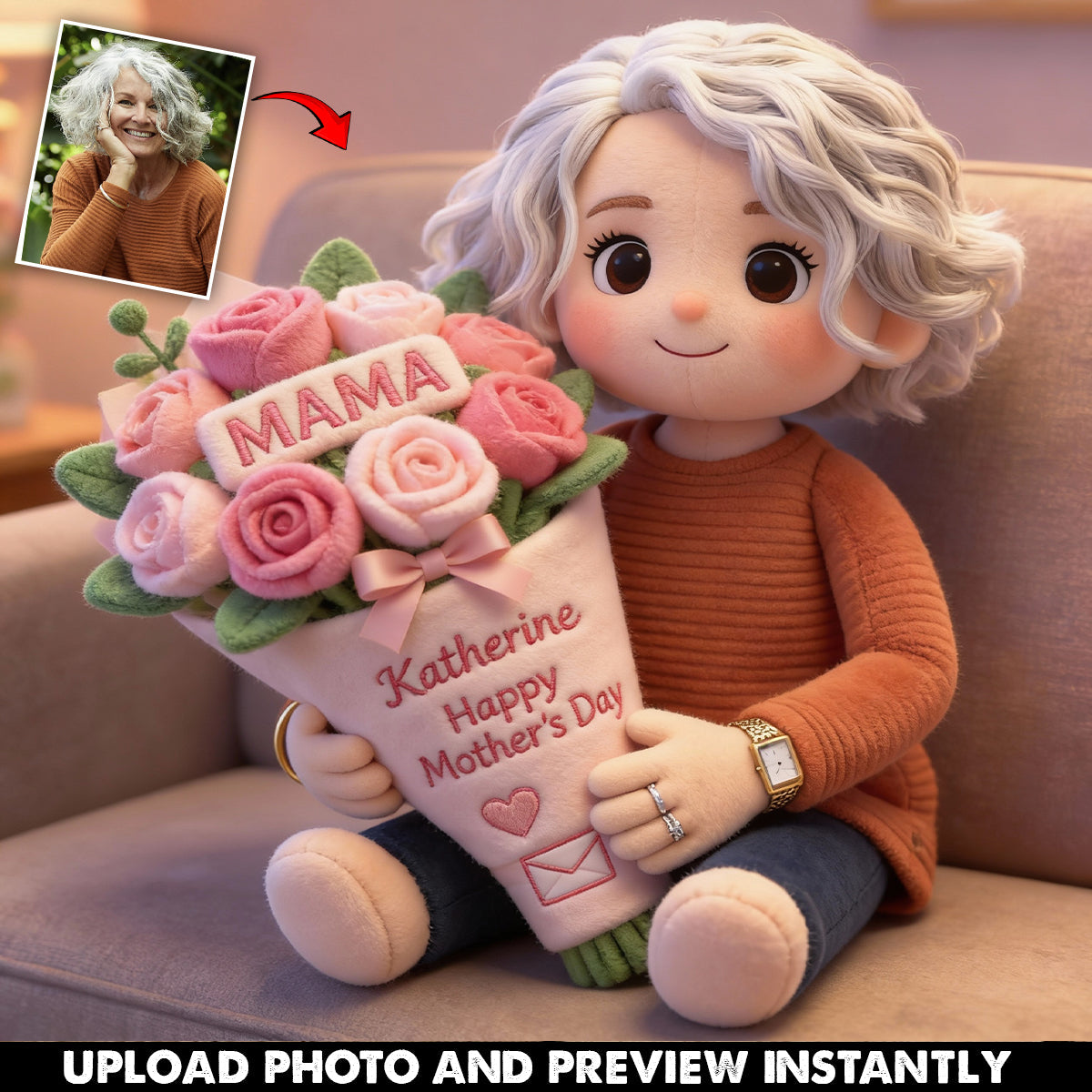 Custom Any Photo Beautiful Bouquet For Mom, Grandma - Personalized Mother Faux Fur Shaped Pillow