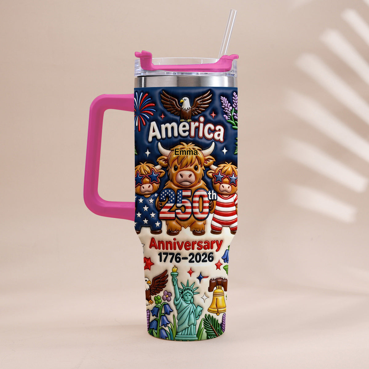 Cute Highland Cow America 250th Anniversary - Personalized Highland Cow Tumbler With Handle