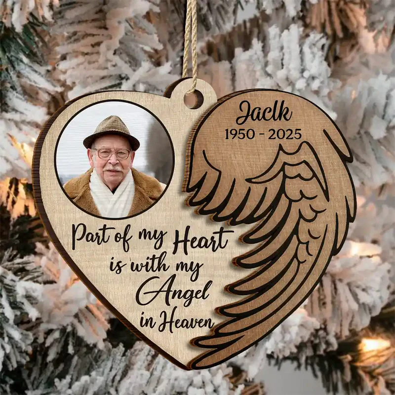 Wooden Ornament 2-Layer Heart with Angel Wing, Part of My Heart photo memorial, a unique gift for family