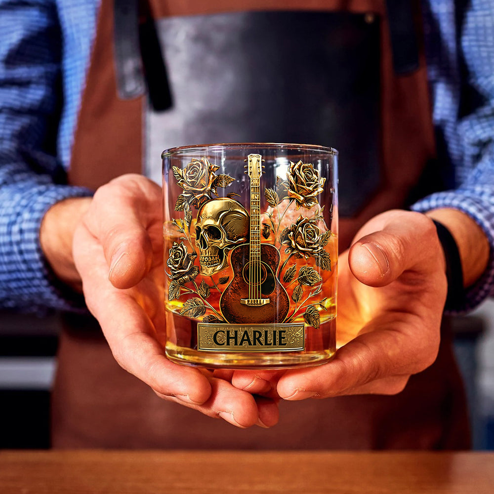 Guitar, Skull & Roses - Personalized Guitar Whiskey Glass