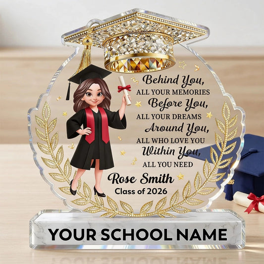 Personalized Shaped Acrylic Block Plaque Graduation Girl With Cap Quote, Unique Keepsake Gift for Grad, Shiny Gold Look Decor