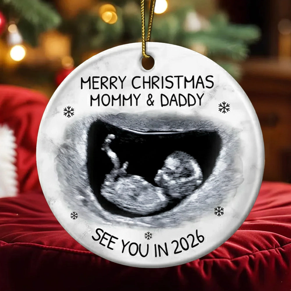 Christmas Ultrasound Ceramic Ornament for Mom and Dad, baby announcement keepsake for the tree, a heartfelt holiday gift.