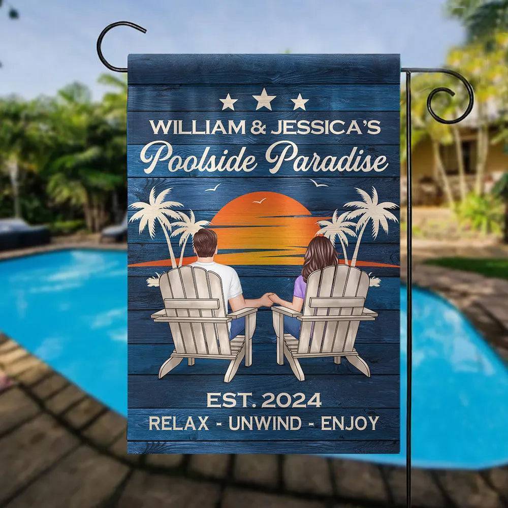 Relaxing Poolside Paradise Decor with Optional Flag Background Couple Sitting Personalized Flag, Sign, Vase - Perfect for Garden, Housewarming, Birthday, Anniversary Gift for Him, Her
