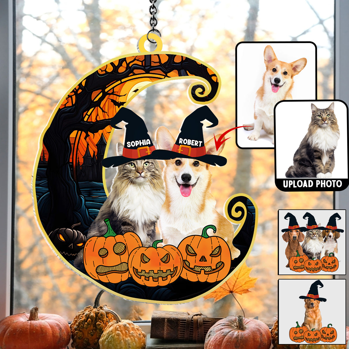 Cute Halloween Pets - Personalized Dog Window Hanging Suncatcher Ornament