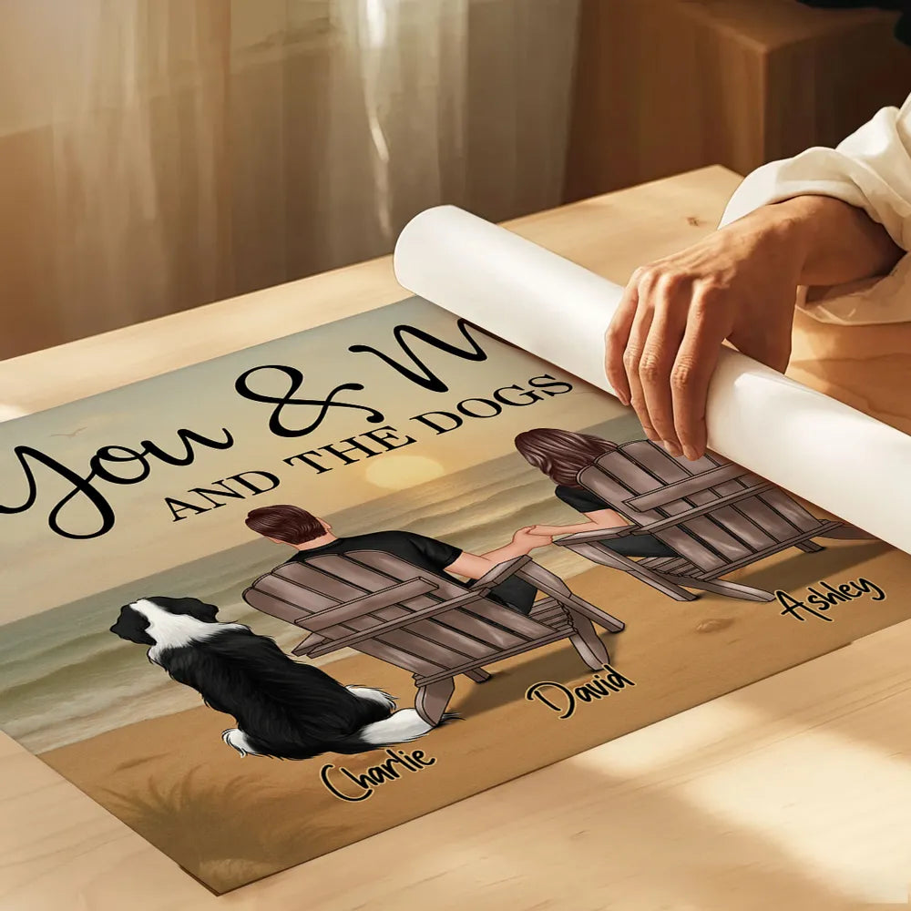 "You & Me and the Dogs – Customizable Couple Poster with Pets, Personalized Beach Scene"