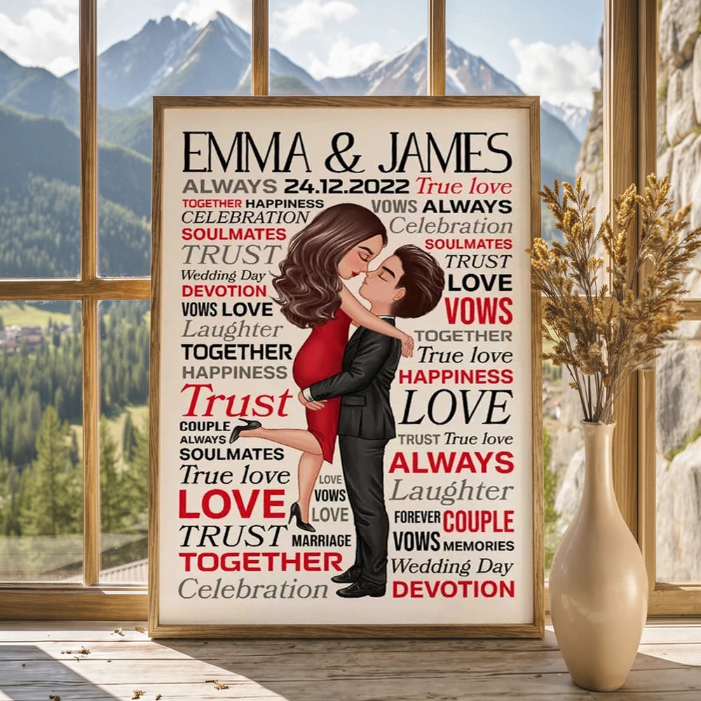 Personalized Couple Word Art Poster Romantic Hugging Kissing Wall Decor Unique Creative Gift For Wife Or Husband