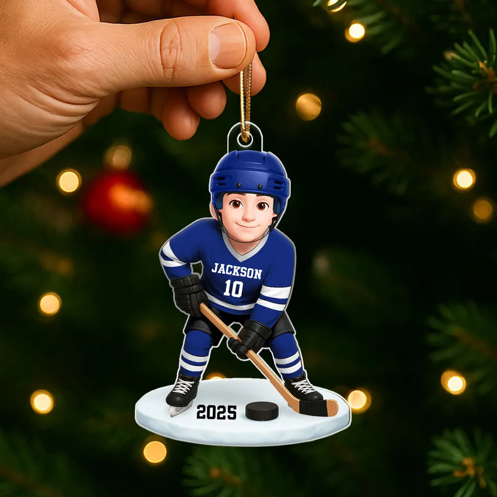 Personalized Hockey Acrylic Ornament for Kids – Custom Player Design Christmas Gift & Festive Decor