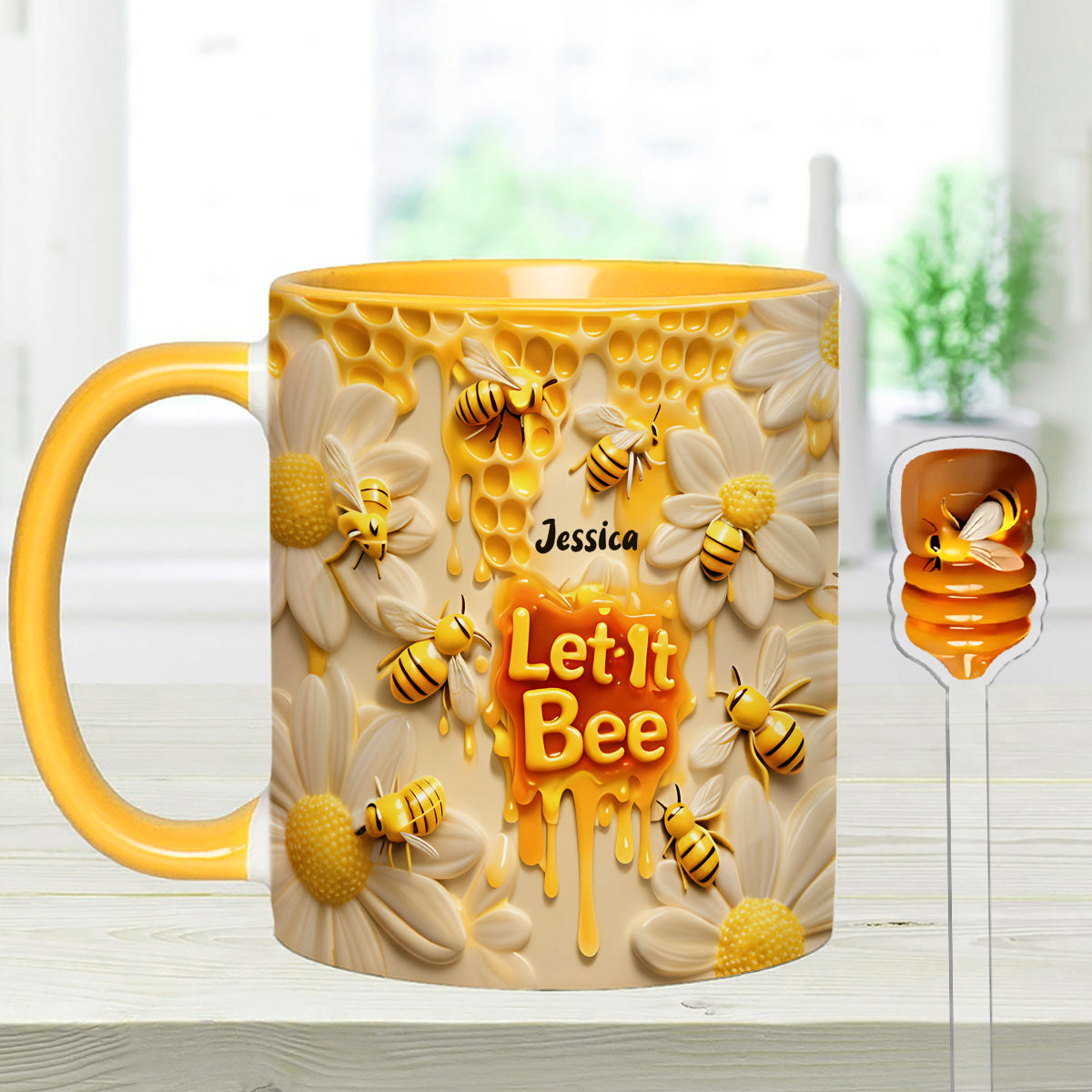 Let It Bee, Bee Flowers - Personalized Bee Set Accent Mug with Acrylic Stirrers