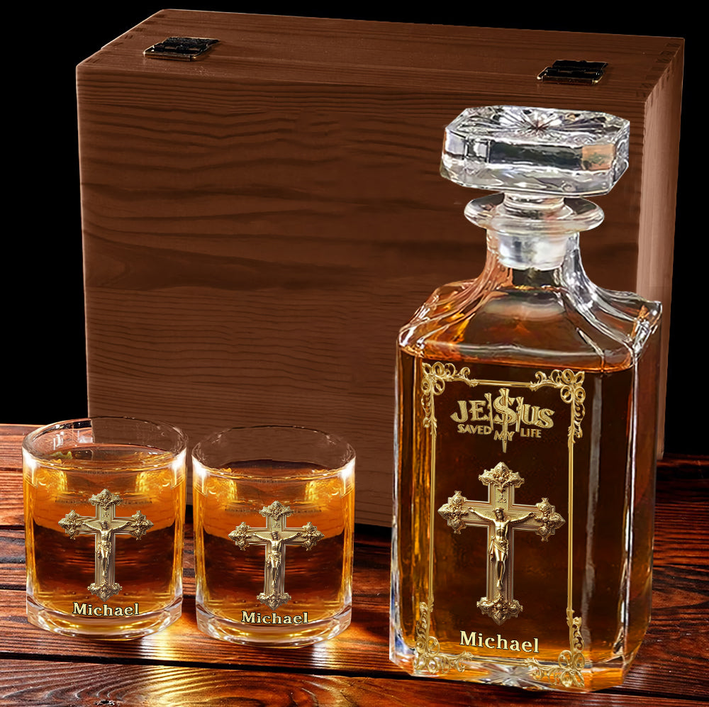 Jesus Saved My Life - Personalized Christian Whiskey Decanter Set