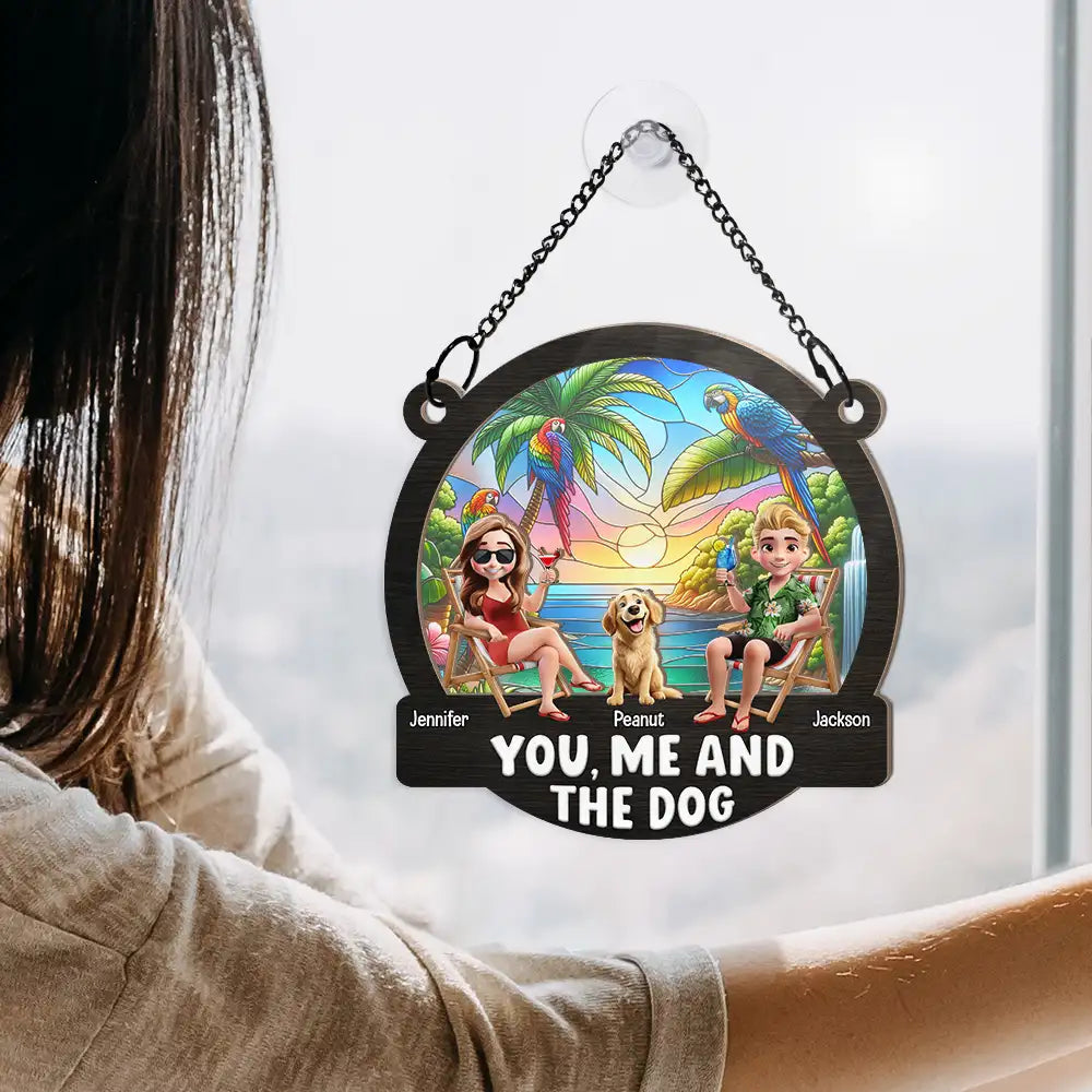 "You, Me and The Dogs" Personalized Ornament – Tropical Sunset Wood & Acrylic Layered Couple Gift