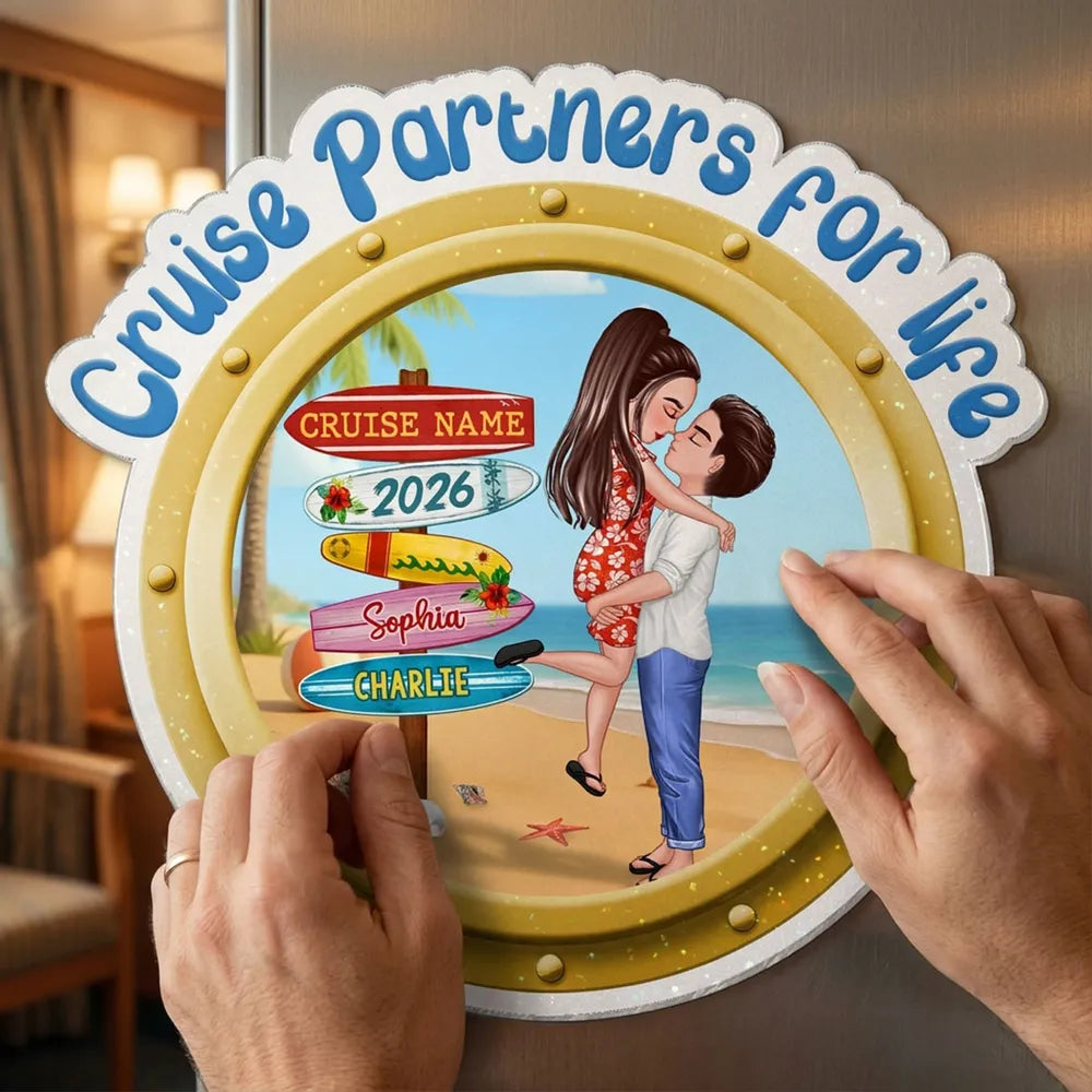 Personalized Cruise Partners For Life Acrylic Magnet, Couple Kissing on a Beach Porthole, Unique Cruise Door Gift