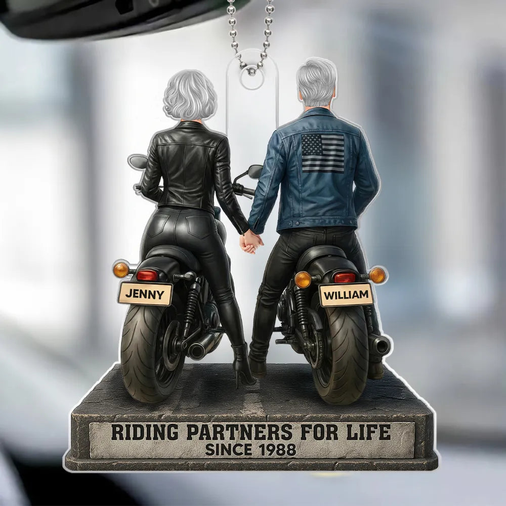 Riding Partners for Life Acrylic Car Hanger, Personalized Couple on Motorcycles Rearview Mirror Decor, Sentimental Gift for Couples