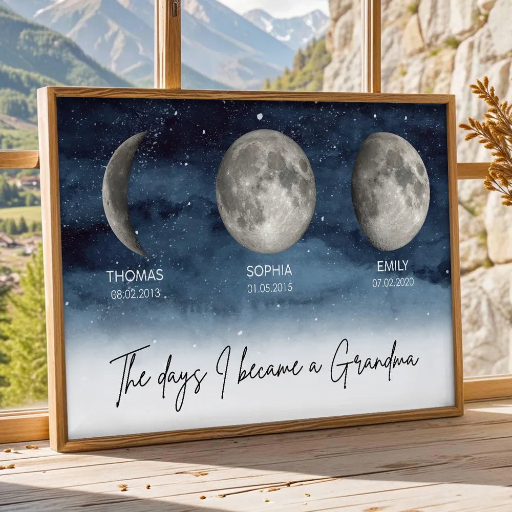 Personalized Moon Phase Starry Sky Poster, The Day I Became a Grandma Wall Art, Unique Gift for Grandma