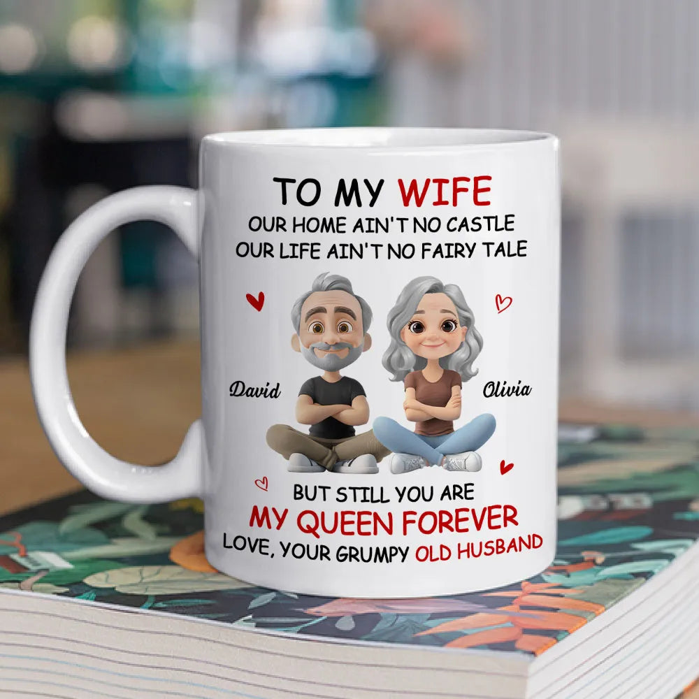 Personalized White Ceramic Mug for Wife from Husband, Cute Cartoon Couple, My Queen Forever, Unique Romantic Gift
