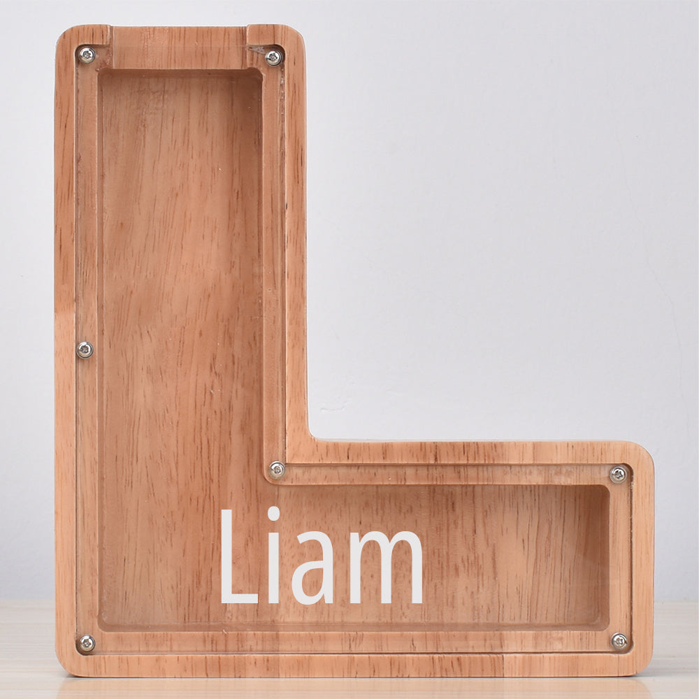 Custom Initial And Name - Personalized Letter And Name Oak Wooden Piggy Bank